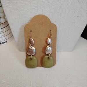 Genuine Jadeite Dangle Earrings Hammered Matte Gold Disc 2 Inch Drop
